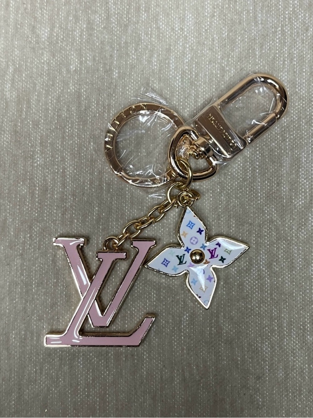 Pink LV Monogram Flower Key Charm with Gold Hardware